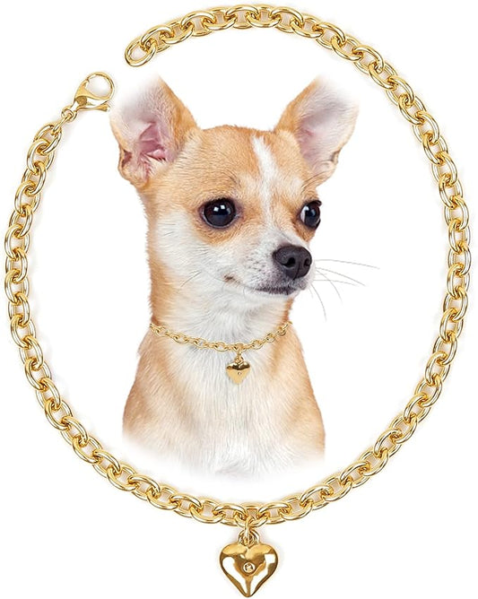 HOWWFALY Dog Collar and Cat Chain Necklace Stainless Steel Adjustable 18K Gold Heart-Shaped Necklace for Small Pets Cats Kitten Puppy (Gold, 10 inch)