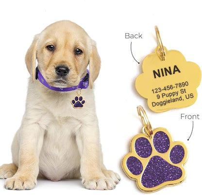 Paw Shape Dog ID Tag Stainless Steel Custom Laser Engraved, Cute Bling Glitter Pet Name Tags Personalized with Durable Engraving (Gold Sparkly Paw)