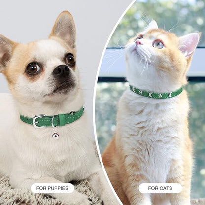 Leather Cat Collars for Boy Girl Cats with Bell and Safety Elastic Belt, Personalized Star and Moon Stud Adjustable Safe Buckle Collar for Kitty Small Big Cats Size 8-12 Inch, Green