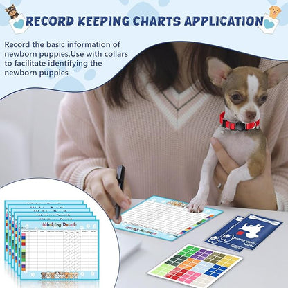 Puppy Whelping Supplies Kit Include 12 Puppy Shot Record Booklets 6 Record Keeping Charts 12 Coloured Soft Nylon Puppy Id Collars Newborn Adjustable Breakaway with 2 ID Sticker Identification Pets