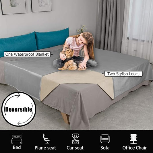 Ameritex Pet Bed Blanket Reversible 100% Waterproof Velvet Super Soft for Sofa and Bed (82x102 Inches, Light Grey+Beige)