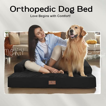 Large Orthopedic Dog Bed with Bolster – Washable Waterproof Cover, Non-Slip Bottom, Egg Crate Foam Cushion for Joint and Hip Support, Comfortable Pet Bed for Large Dogs