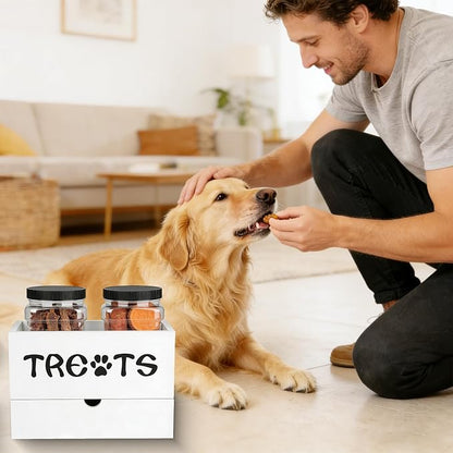 Dog Treat Jar for Countertop, 9.8 * 5.1 * 6'' 2 Layer Dog Treat Container with Drawer 2Jars and Sticker Wooden Pet Food Organizer Storage Basket For Pets Great Gift for Pets' Owners (White)