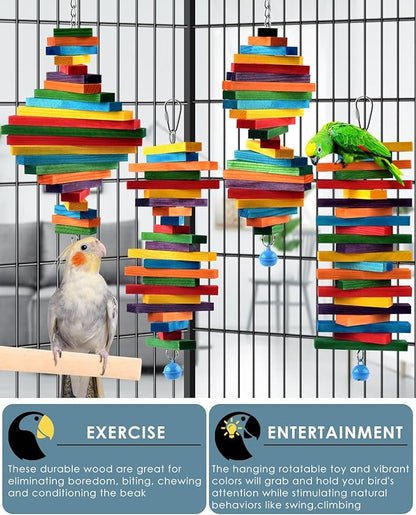 Bissap 4 PCS Bird Chew Toys, Multicolored Bagel Cascade Bird Parrot Chewing Sticks Biting Wooden Blocks Toy for Small Medium Conure Parakeet Cockatiels Lovebird Similar Sized Pet Birds