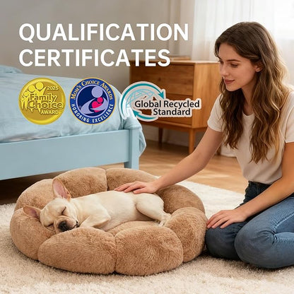 OhGeni 24 inches Calming Donut Dog & Cat Bed for Small Pets, Warming Comfort Fluffy Short Pile Fur, Durable Machine Washable, Cute Round Bed for Puppy and Kitten, Camel