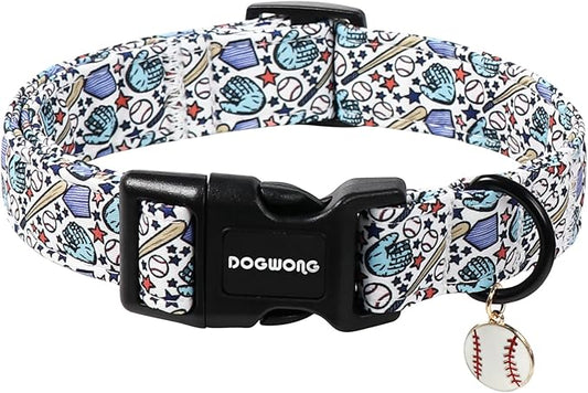 DOGWONG Baseball Dog Collar-Cute Boy Baseball Dog Collar, Adjustable Soft Male Dogs Collars for Large Dogs, L