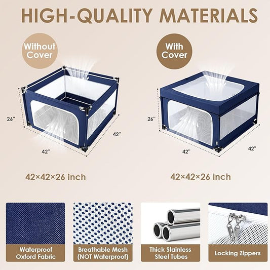 EHEYCIGA 42x42x26 Inches Puppy Playpen with Top Cover for Dogs & Cats Indoor or Outdoor - Dog Playpen with Door, Dog Fence for Small Animal with Heavy-Duty Oxford & Steel Frame, Navy