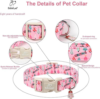 Christmas Dog Collar for Medium Dogs - Cute Xmas Tree Print Pink Christmas Collars for Dogs, Soft Adjustable Winter Holiday Dog Collars with Quick Release Buckle M