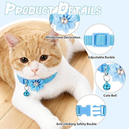 6 PCS Flower Kitten Collar with Bell, Adjustable Cute Cat Collar with Rhinestone for Female, Breakaway Small Kitten Collars, 6 Colors