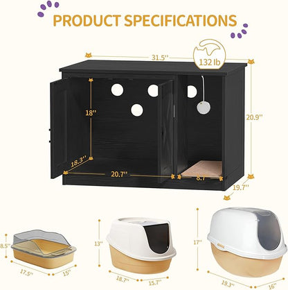 Cat Litter Box Enclosure, Hidden Litter Box Cabinet Furniture with Bell, Indoor Cat House, Farmhouse Style, 31.5 x 19.7 x 20.9Inches, for Hallway, Bedroom, Black CB82404X
