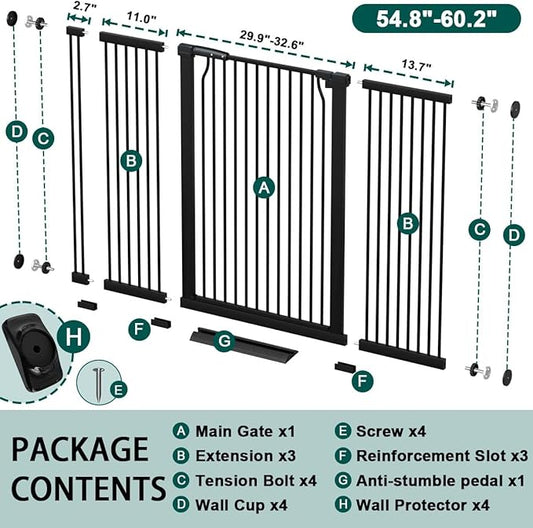 Fairy Baby 40.5" Extra Tall Baby Gate No Drill, 54.8"-60.2" Extra Wide Dog Pet Gate, Safety Child Toddler Gate, Metal Tension Auto Close No Climb Fence Barrier Pet Cat Gate for Stairs Doorway, Black