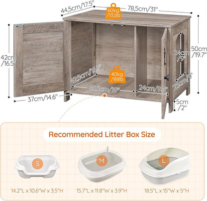 HOOBRO Litter Box Enclosure, Cat Litter Box Furniture with Removable Divider, Large Hidden Litter Box Furniture, Wooden Cat House, End Side Table, 31" L x 17.5" W x 19.7" H, Greige BG03MW01G2