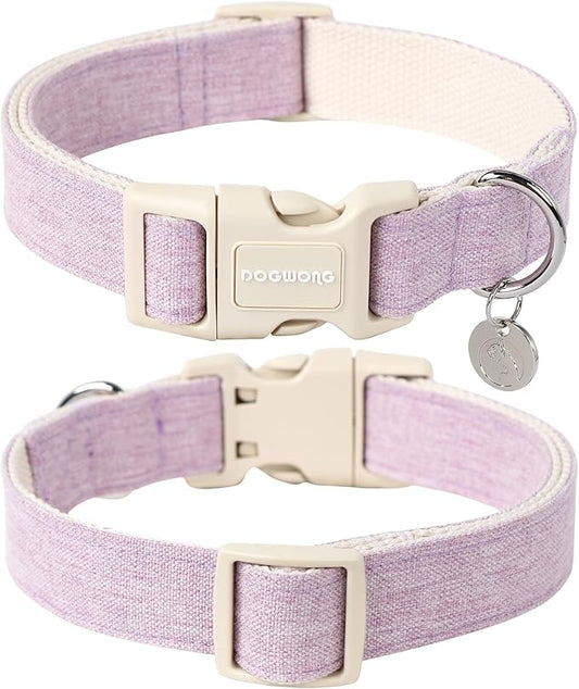 DOGWONG Cotton Hemp Dog Collar, Heavy-Duty Purple Dog Collar Adjustable Soft Natural Fabric Pet Dog Collar Cute Wedding Puppy Necklace for Small Medium Large Dogs