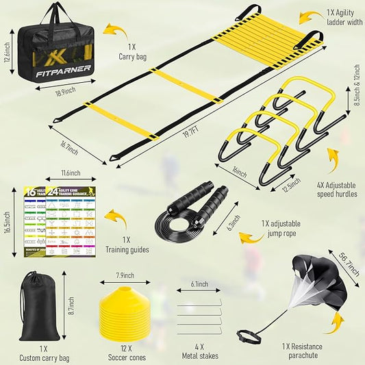 Agility Ladder, Soccer Football Training Equipment Set - 20ft Speed Ladder, 4 Hurdles,Parachute, 12 Cones & Jump Rope | Agility & Speed Training for Kids Youth Adults,Basketball & Football Accessories