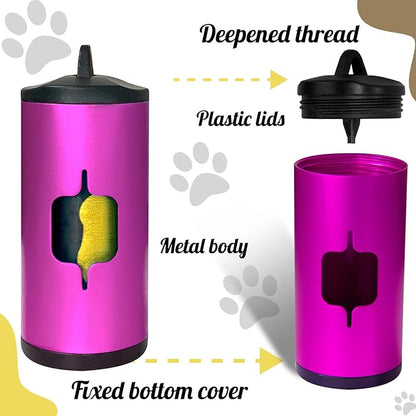 Metal Dog Poop Bag Holder w/Leash Clip|Durable Scratch-Resistant Aluminum|15 Bags+3 Accessories(Pink)