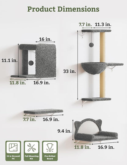 5-in-1 Cat Wall Shelves, Solid Wood & Velvet & Sisal Scratcher, 44lbs Max Load, Wall Mounted Cat Furniture for Climbers, Cat Climbing Wall System, Fits Drywall & Solid Walls - Cool Gray
