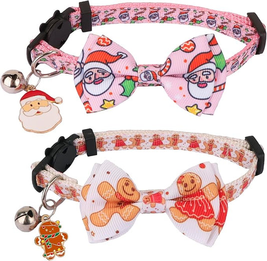 ADOGGYGO Pink Christmas Cat Collar with Removable Bowtie Bell, 2 Pack Pink Santa Gingerbread Man Christmas Collars for Female Cat Kitten