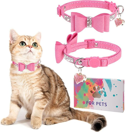 Rhinestone Cat Collar with Bow, Breakaway Elegant Female Diamond Cat Collars with Bell, Pink Leather Sparkly Bowtie Pet Collar for Girl Boy Small Kitten Puppy with Safety Buckle, 8-12"