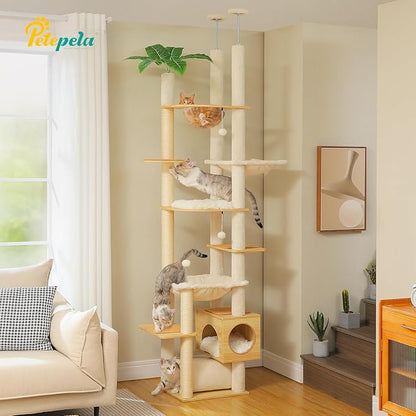 PETEPELA Floor to Ceiling Cat Tree,93.3''-100.8'' Height Adjustable Wooden Cat Tower, Tall Modern Climbing Tree with Large Hammock, Soft Perch and Scratching Post for Indoor Cats Large Adult, Beige