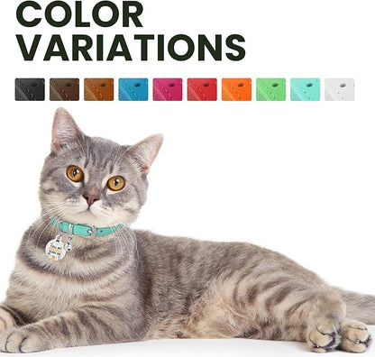 BRONZEDOG Leather Cat Collar with Removable Bells Non Breakaway Kitten QR Tag for Girl Boy (7" - 9" for Cats, Turquoise & Silver)