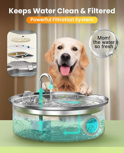 oneisall Dog Water Fountain for Large Dogs,7L/230oz/1.8G Stainless Steel Dog Fountain Super Quiet with Triple Filtration,Great for Large Dogs (PWF002 Dog Fountain +6Sets Filters)