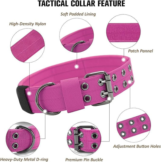 Tactical Dog Collar with Handle, Military Adjustable Heavy Duty Metal Buckle Dog Collars Soft Nylon Training Collar for Medium Large Dogs (Pink, X-Large)