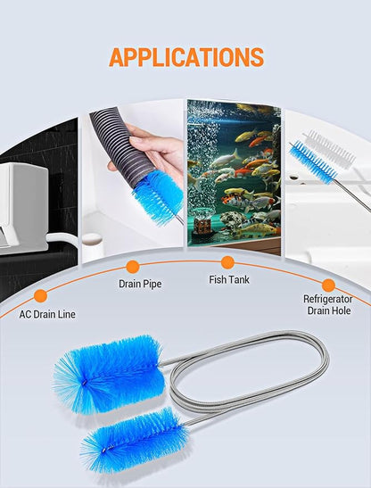 66" Flexible Drain Brush Tool with Large Brush Head and Double Elastic Nylon Ends, Stainless Steel Long Tube Cleaning Brushes for Kitchen, Sink, Drain Pipe and Long Pipe Cleaning