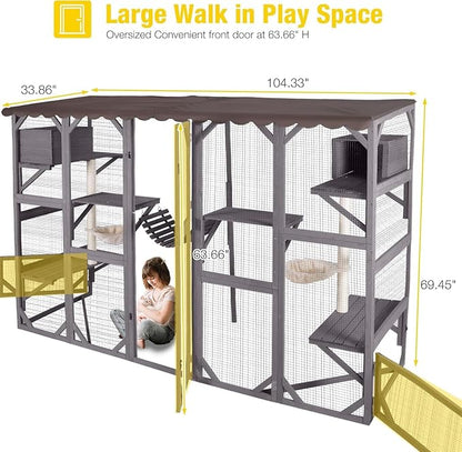 Aivituvin Catio Outdoor Cat Enclosure Window, Wall-Mounted Large Walk-in Cat Playpen with Scratch Posts, Basket, Platform, Bridge and Sleeping House— Safe, Weatherproof Cats Patio for Multiple Cats