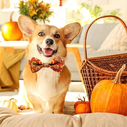Thanksgiving Dog Collar with Bow Tie Set, Holiday Turkey Pattern Pet Collar for Small Medium Large Dogs, Cute Adjustable Puppy Collar with Quick Release Buckle