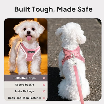 PetiFine Step in Small Dog Harness and Leash Set, Breathable All Weather Air Mesh Reflective Escape Proof, Step-in Vest Harnesses for Puppy(XS, Pink)