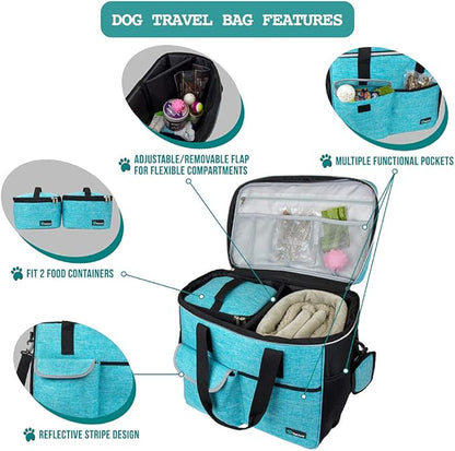 PetAmi Travel Bag Organizer - Dog & Cat Diaper Bag with Food Container and Bowls, Perfect for Weekend Camping (Sea Blue, Large)