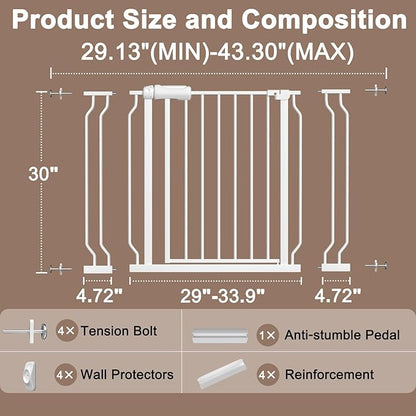 WAOWAO Baby Gate 29.13-43.3" Extra Wide Pressure Mounted Walk Through Swing Auto Close Safety White Metal Toddler Kids Child Dog Pet Puppy for Stairs,Doorways,Kitchen