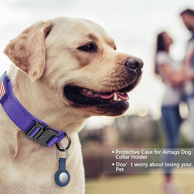 DAGANXI Tactical Dog Collar, Adjustable Military Training Nylon Dog Collar with Control Handle and Heavy Metal Buckle for Medium and Large Dogs, with Patches and Airtags Case (Purple, XL)