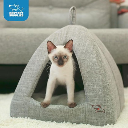 Best Pet Supplies Dog House Bed Crate Mat Tent Indoor Round Soft Plush for Small, Medium, and Large Breeds - Gray Linen, 16" x 16" x H:14"