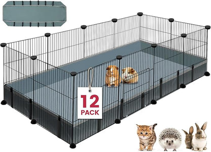 12 Panels Small Animal Playpen, 48" x 24" x 16" Pet Playpen with Waterproof Mat, C&C Cage for Guinea Pigs, Puppy Play Pen, Bunny Playpen, Indoor Outdoor Portable Metal Wire Yard Fence