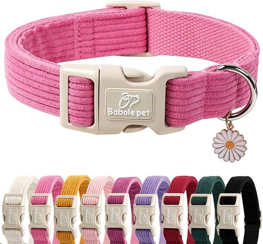 Cute Corduroy Dog Collar - Deep Rose Adjustable Dog Collars for Small Dogs 10-25lbs, Fade-Proof with Secure Snap & Little Charm, Christmas Birthday Gift, S