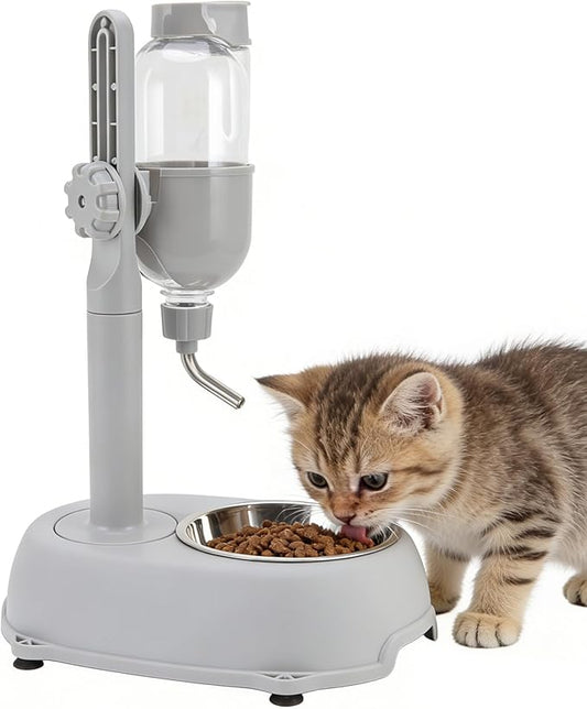 Pet Standing Water Dispenser, Multifunctional 2 in 1 Detachable Height Adjustable Pet Puppy Dog Kitten Bowl 500ml, Automatic Standing Water Feeder for Puppy Dwarf Dog Cat,Grey