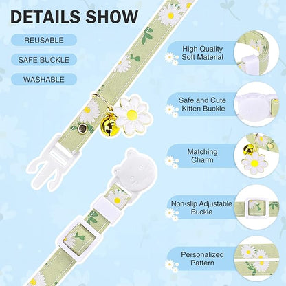 3 Pack Breakaway Cat Collars with Bell- Daisy Pendant Spring Cat Collar for Girl Boy Cats with Safety Buckle- Cute Kitten Collar Adjustable 8"-12" for Kitty Puppy Small Pets