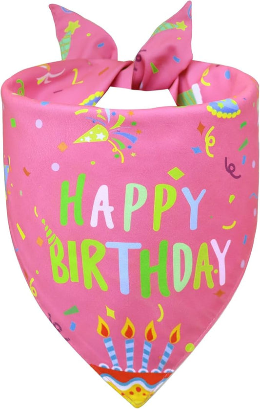Dog Birthday Bandana Girl for Medium Large Dogs, Reversible 2 Patterns in 1, Pink Confetti Scarf, Happy Birthday Party Outfit Puppy Gift (14-18" Neck)
