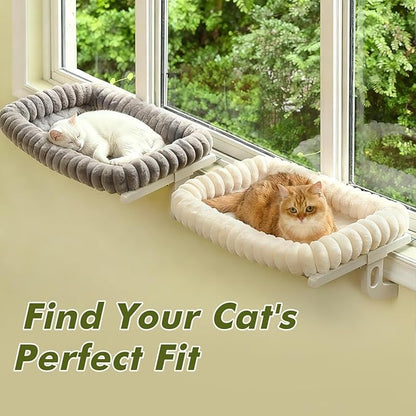 Cloud-Cuddle Cat Window Perch with 4-Sided Bolster, Zipper Design Cushion Window Seat for Window Sill, Sturdy Metal Frame & Easy Assembly Pet Hammock Bed for Indoor Cats (White, Large)