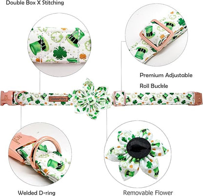Lionheart glory St. Patrick's Day Dog Collar with Flower Dogs Collar,Soft Green Lucky Clover Shamrock Dog Collars Flower for Large Dogs Soft Collars Bows Heavy Duty