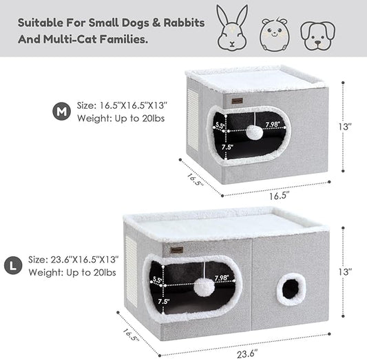 Cat Bed for Indoor Cats Cube House, Covered Cat Cave Beds & Furniture with Scratch Pad and Hideaway Tent, Cute Modern Cat Condo for Multi Small Pet Large Kitten Kitty, Khaki