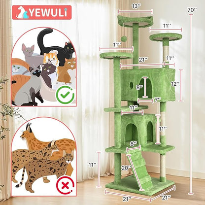 70in Cat Tree Cat Climbing Tower with Scratching Post, Cats House Perch Kitten Tree Condo Wood Playhouse, Pet Trees Tower for Indoor Cats, Green