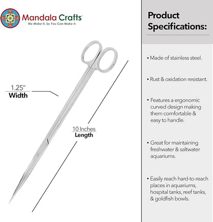 Mandala Crafts 10 Inches Silver Stainless Steel Straight Aquarium Scissors for Trimming Aquatic Plants – Long Aquascape Scissors for Fish Tanks, Hospital Tanks, Goldfish Bowls, and Terrariums