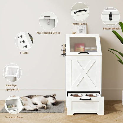 Dog Feeding Station with Storage Cabinet and 2 Elevated Dog Bowls, Hidden Pet Food Storage Organizer for Dog &Cat,Modern Dogs Furniture (White)