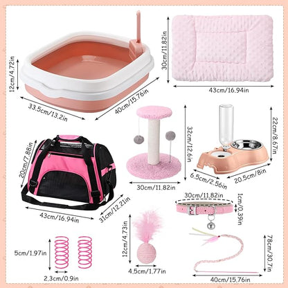 Eccliy Kitten Starter Kit, 10 Pcs Cat Starter Kit for Indoor Cats Kitten Essentials Includes Litter Box, Pet Toy, Folding Carrier, Climbing Frame, Mat, Collar, Automatic Food Bow(Classic,Pink)