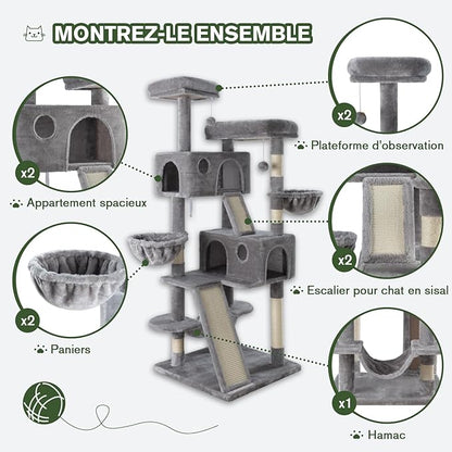 MUTICOR 66 Inches Multi-Level Large Cat Tree Tower for Indoor Big Feline/Cozy Plush Perches/Condo/Sisal Scratching Posts/Hammock and Baskets/Activity Center Play House/Wide Base/Grey
