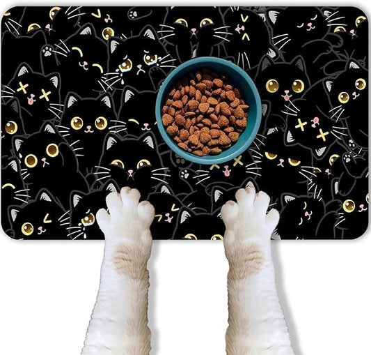 Cat Food Mat for Pet Dog Food Mat, Black Cat Absorbent Quick Dry Dog Bowl Mats for Food and Water, Non-Slip Cat Pet Feeding Mats for Floor Placemats 12"x20"