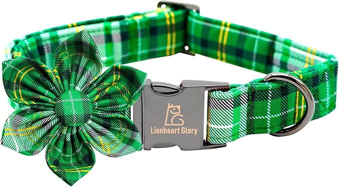 Lionheart glory St. Patrick's Day Dog Collar with Flower Dog Collar for Medium Dogs, Green Plaid Cute Collars Spring Dogs Collars Flower Puppy Heavy Duty Cute