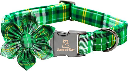Lionheart glory St. Patrick's Day Dog Collar with Flower Dog Collar for Medium Dogs, Green Plaid Cute Collars Spring Dogs Collars Flower Puppy Heavy Duty Cute